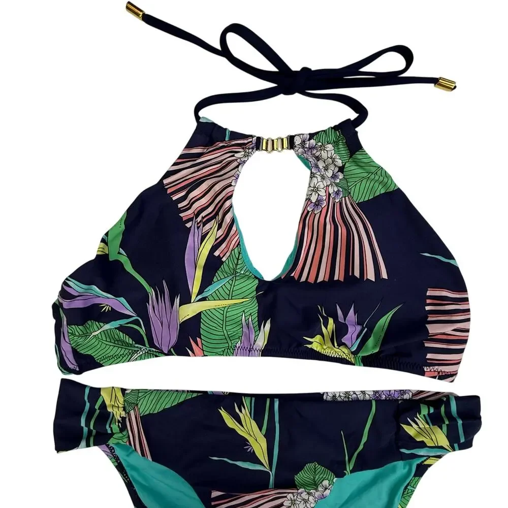 Trina Turk Tropical Floral Halter Bikini Set Navy Botanical Gold Hardware US 8 - Picture 2 of 14